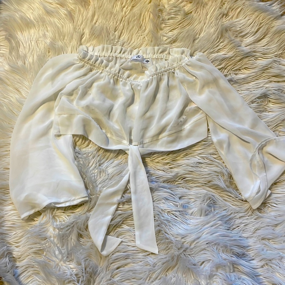 Misguided 4 white sheer crop top with bell sleeves and front tie
